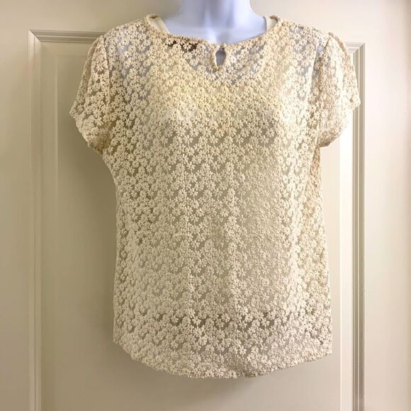 Ann Taylor, LOFT, embroidered blouse,large short sleeve, button front - Picture 1 of 6